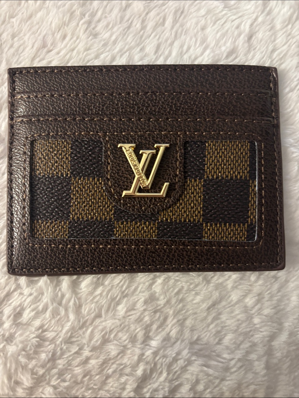Brand New !! FASHION Brown Damier Card Holder with Gold LV Emblem